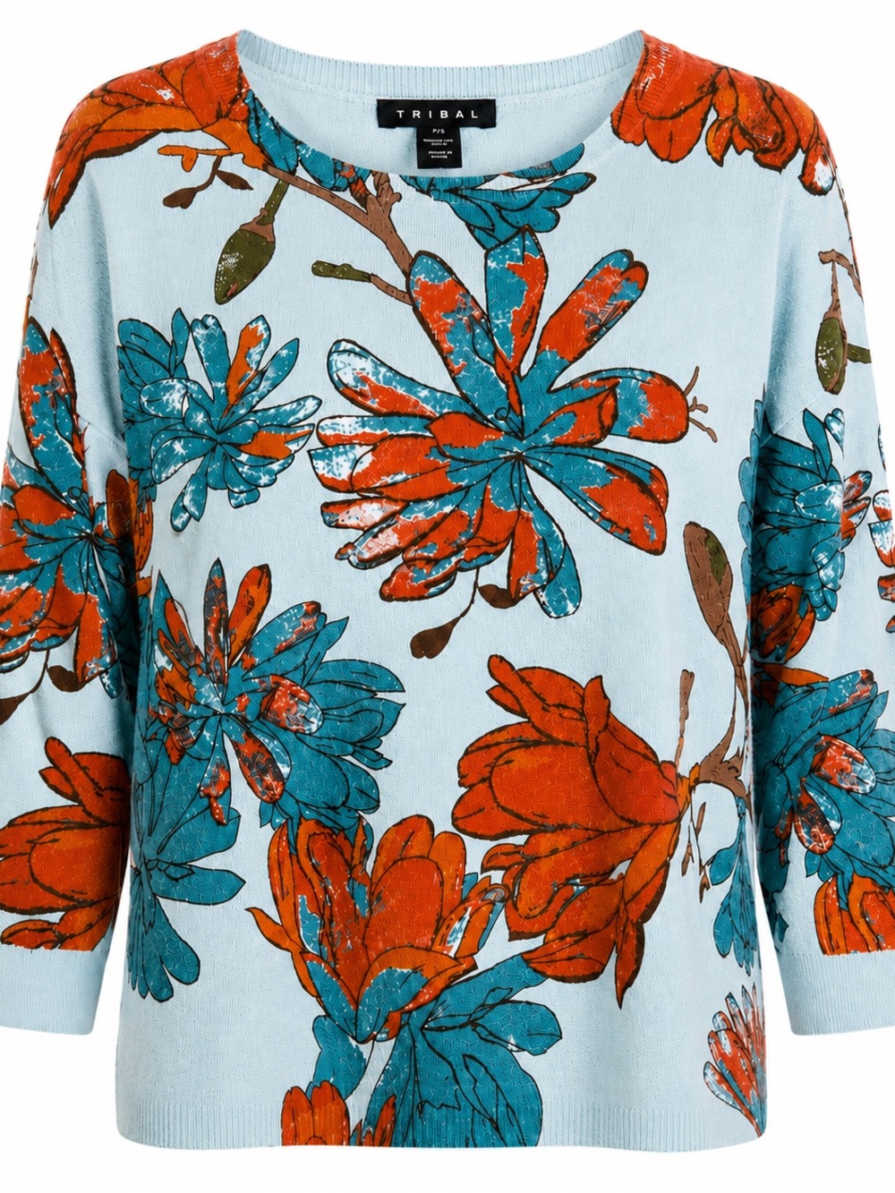 Tribal Floral Print Knit Sweater Petite Small Blue Boho